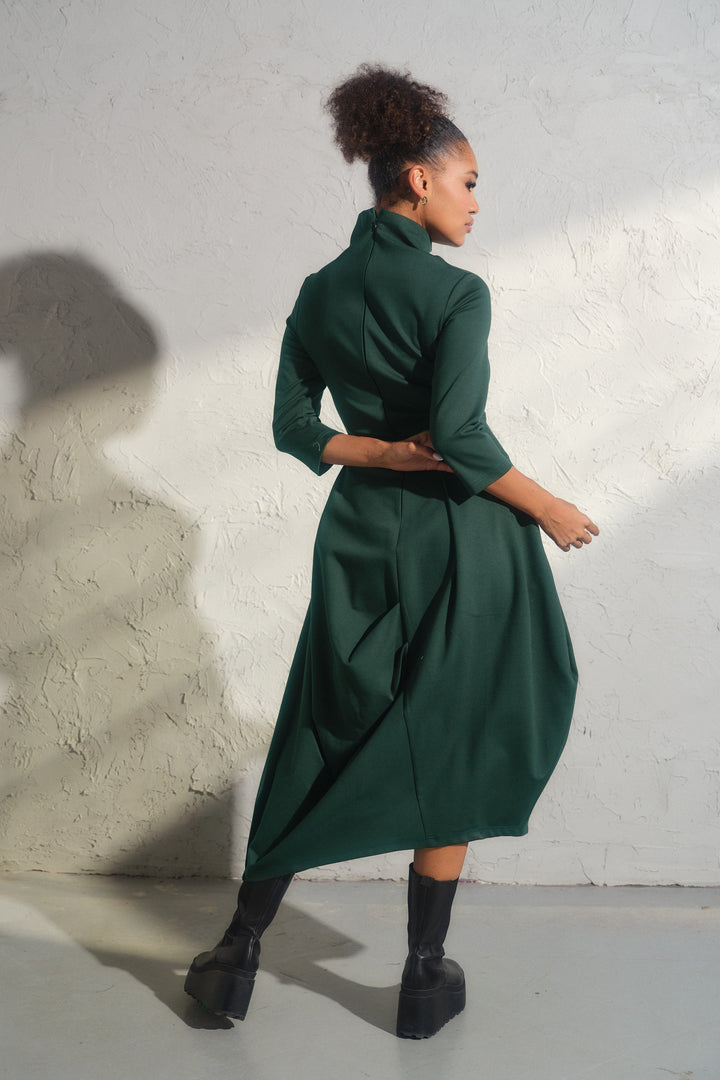 Emerald green asymmetrical long winter avant garde dress