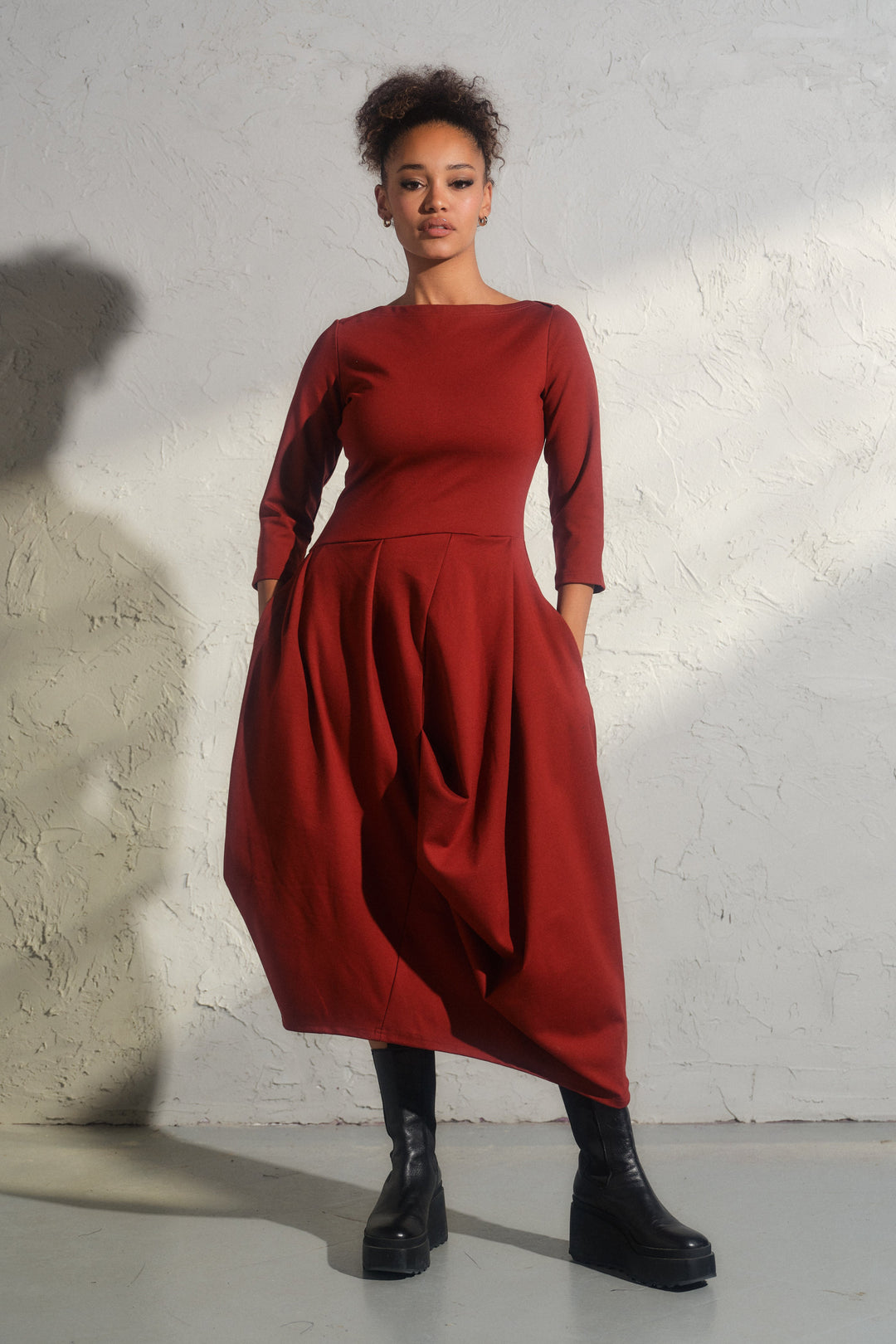 Long winter asymmetrical avant garde dress in brick red