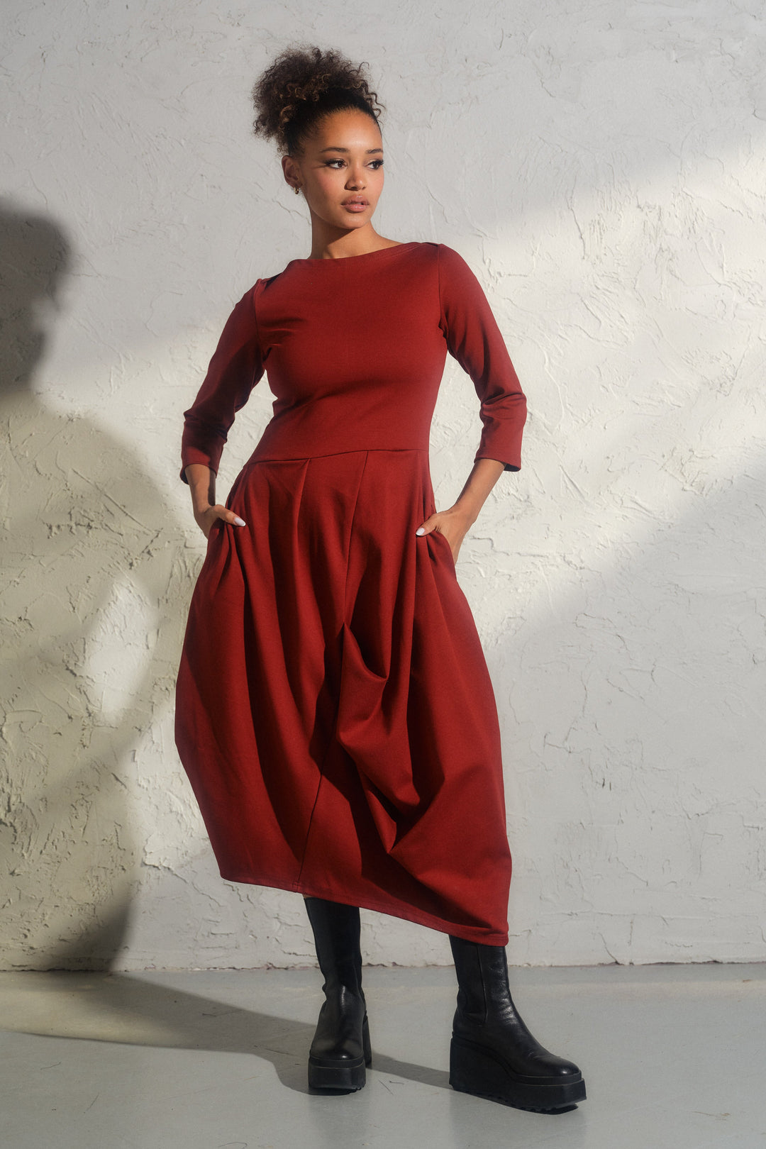 Long winter asymmetrical avant garde dress in brick red