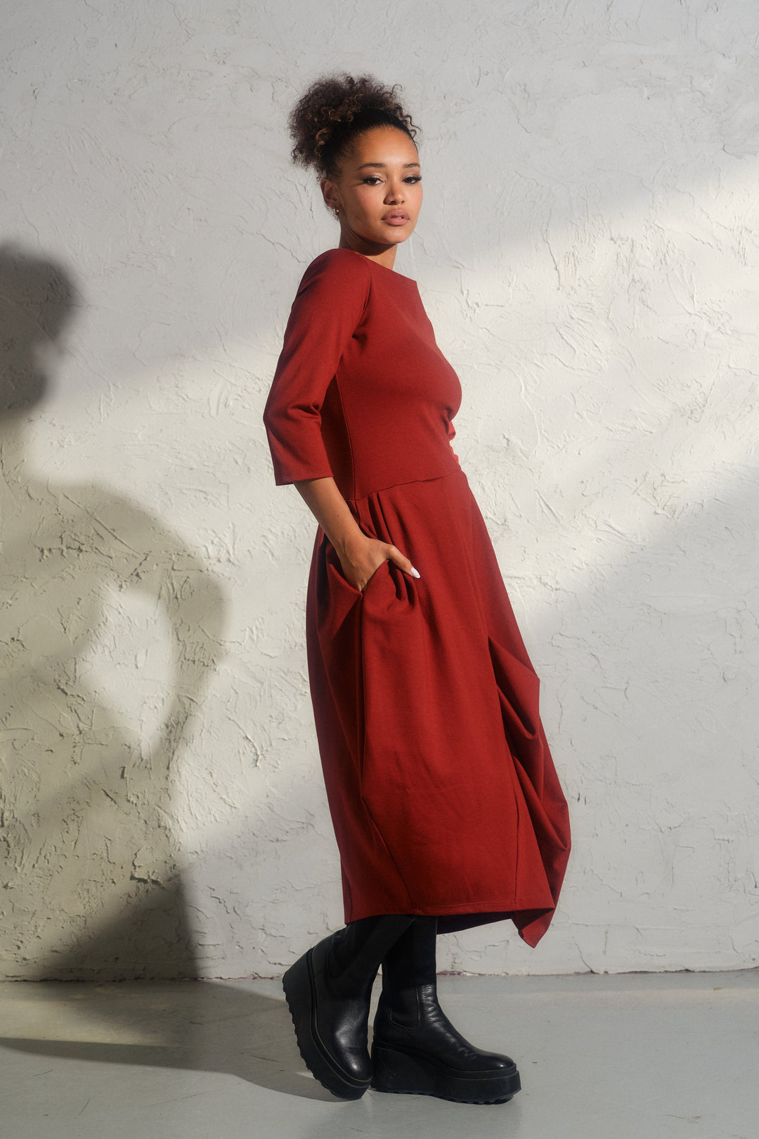 Long winter asymmetrical avant garde dress in brick red