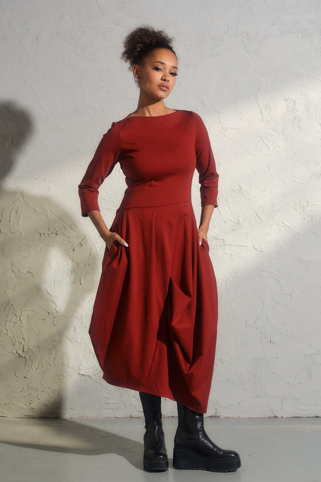 Long winter asymmetrical avant garde dress in brick red