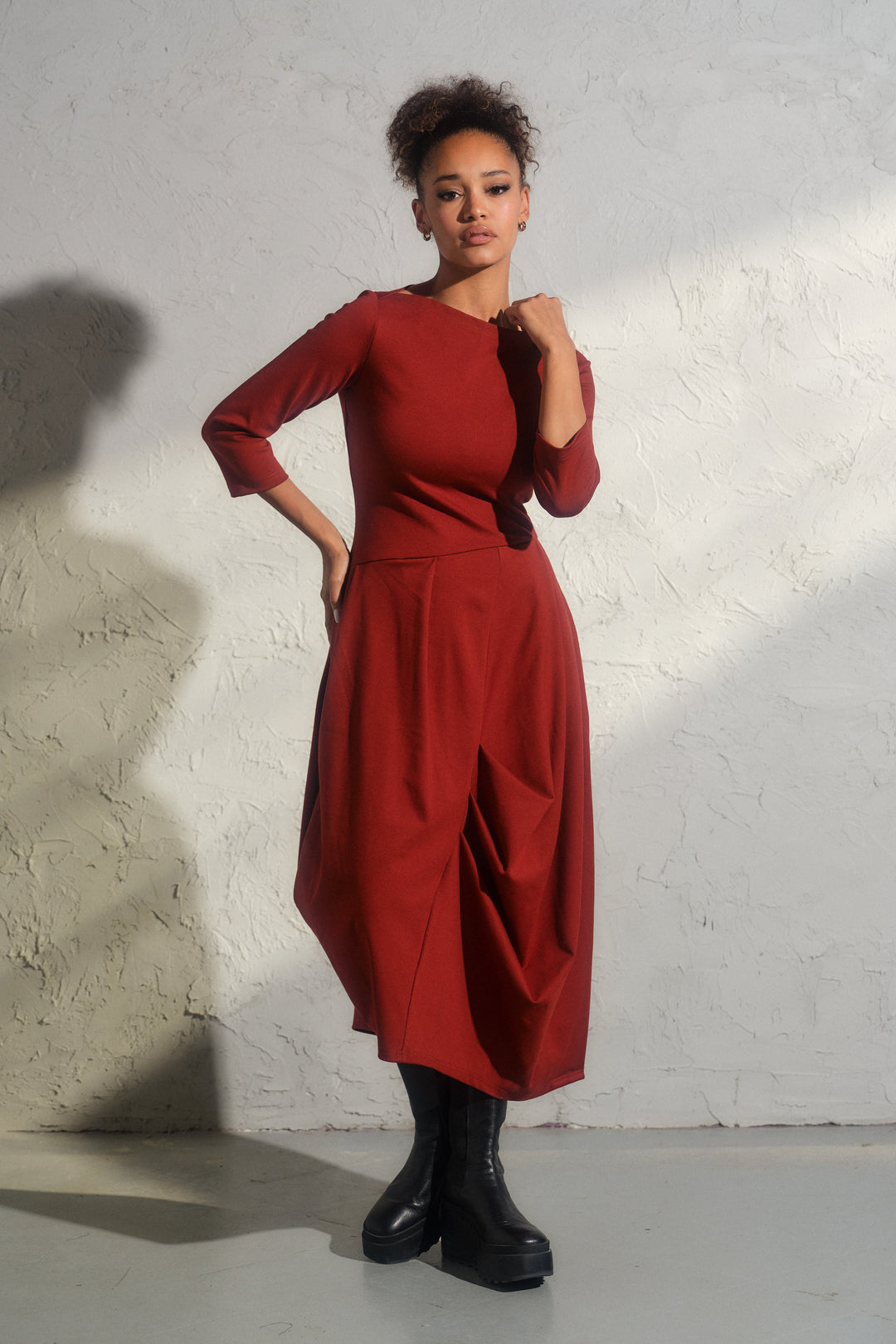 Long winter asymmetrical avant garde dress in brick red