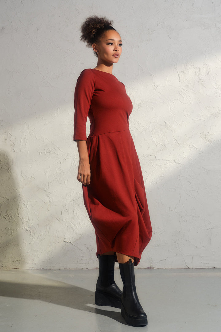 Long winter asymmetrical avant garde dress in brick red