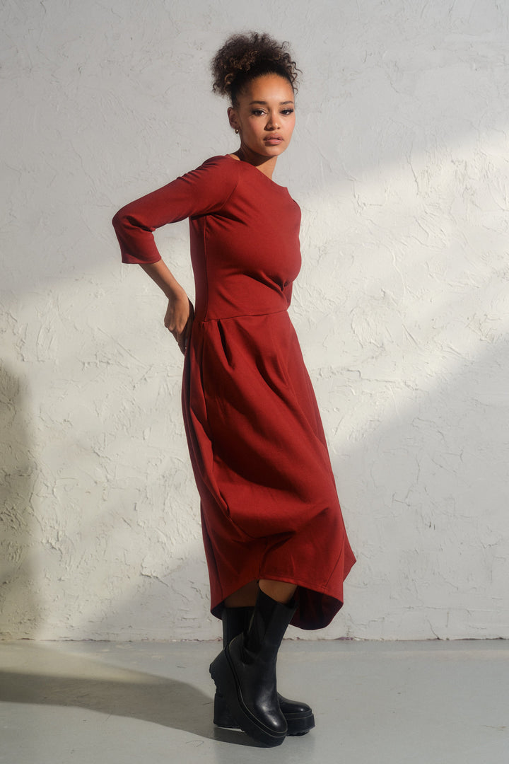 Long winter asymmetrical avant garde dress in brick red