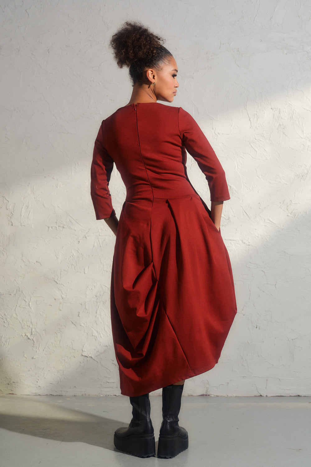 Long winter asymmetrical avant garde dress in brick red