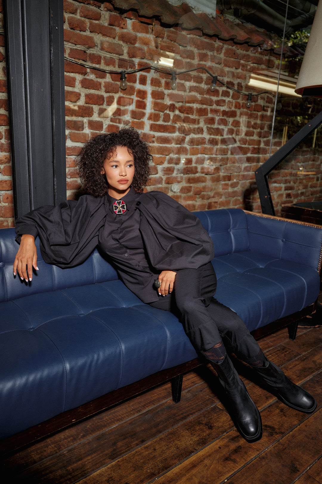 Voluminous sleeves black cotton shirt 