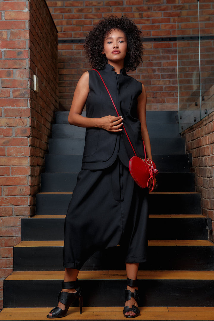 Black merino wool drop crotch pants