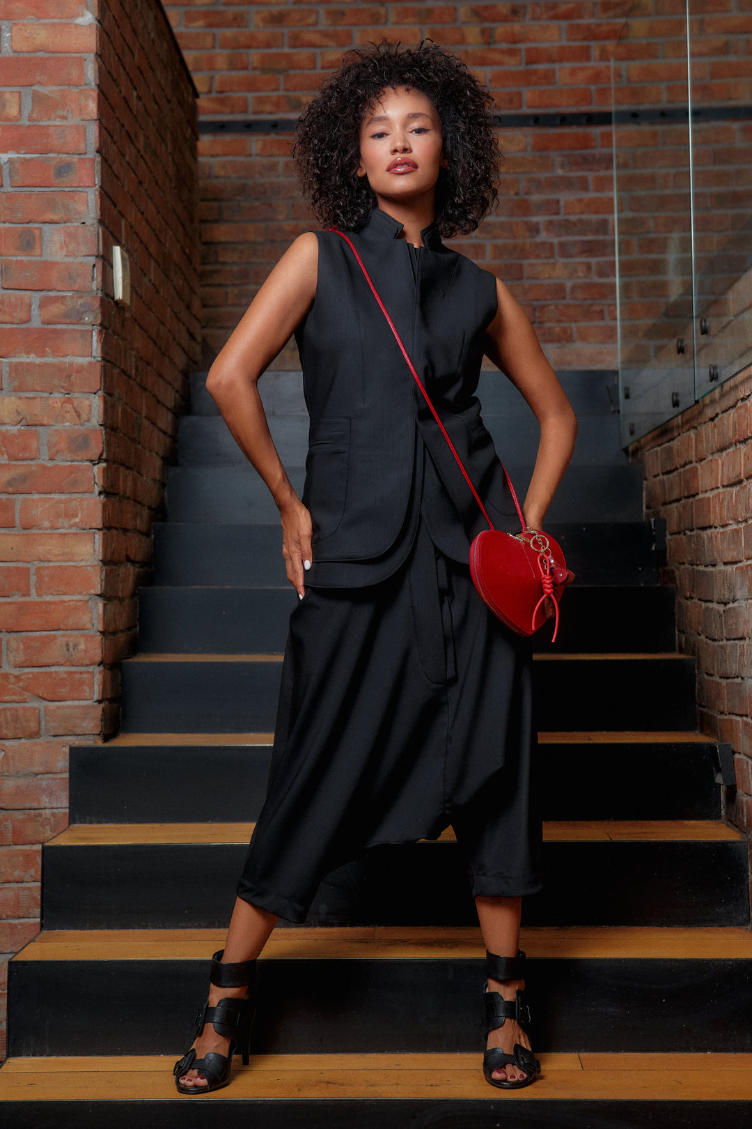 Black merino wool drop crotch pants