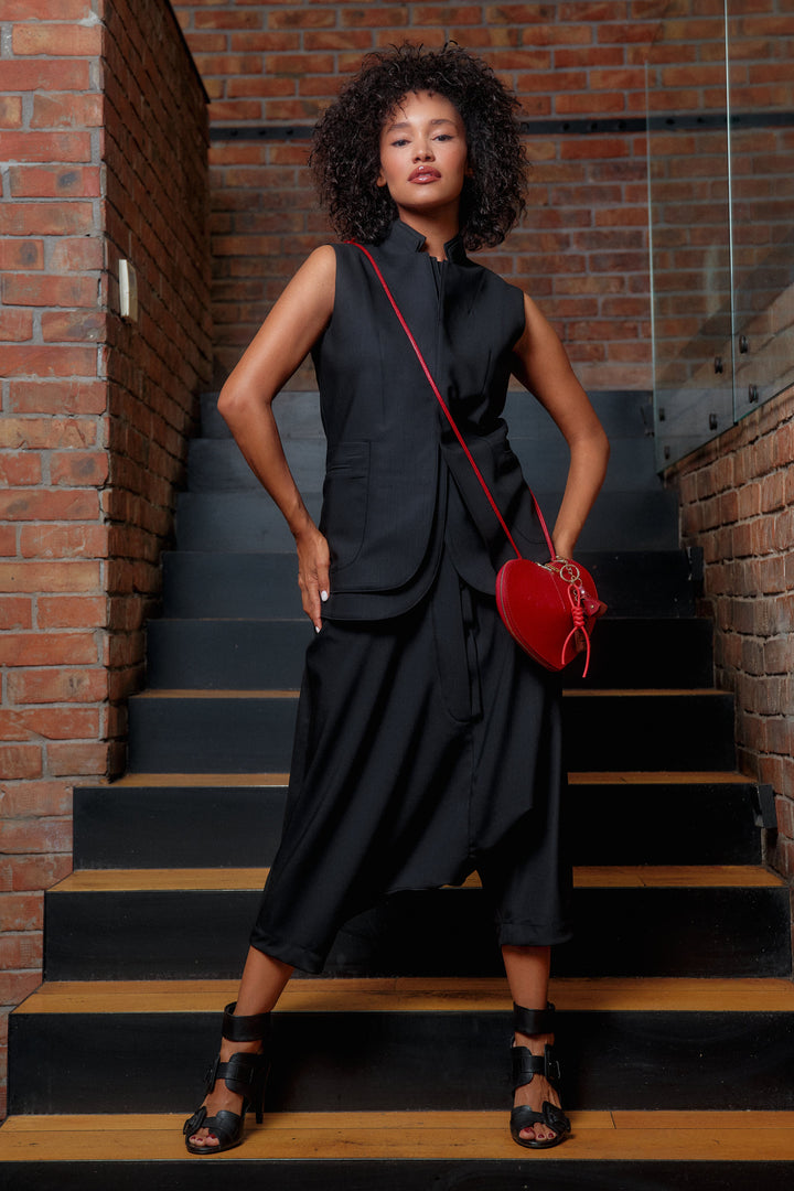 Black merino wool drop crotch pants