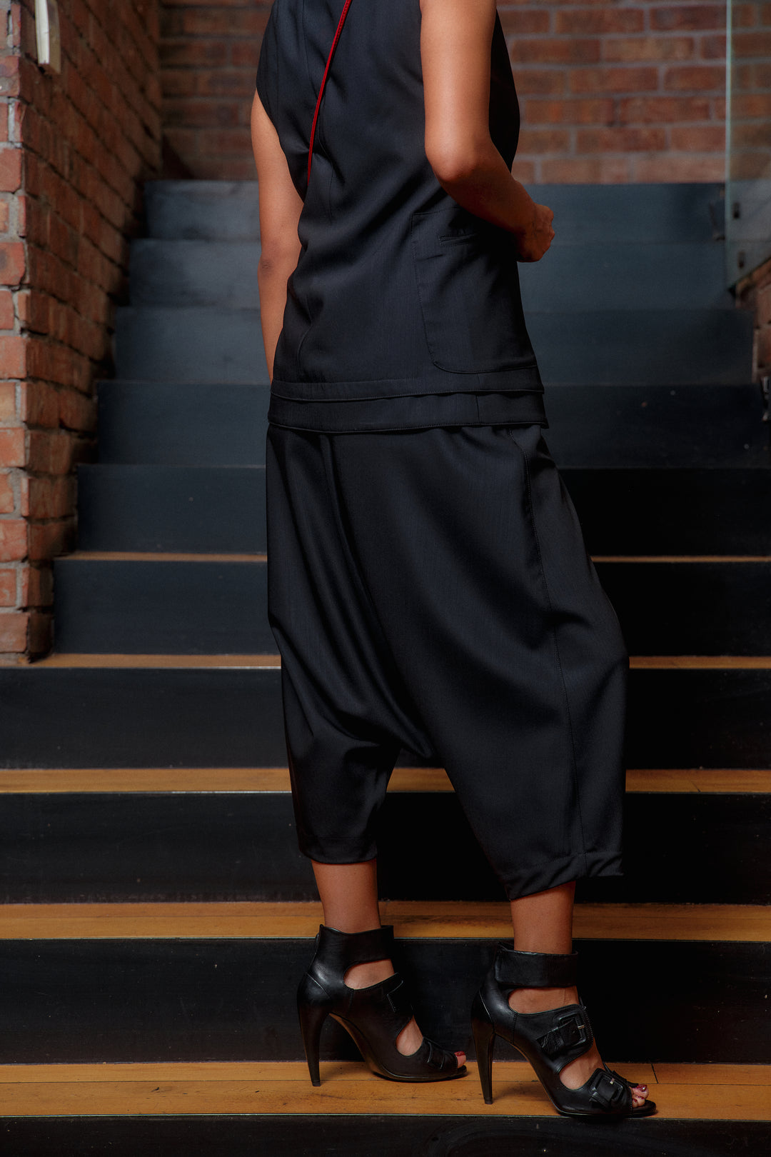 Black merino wool drop crotch pants