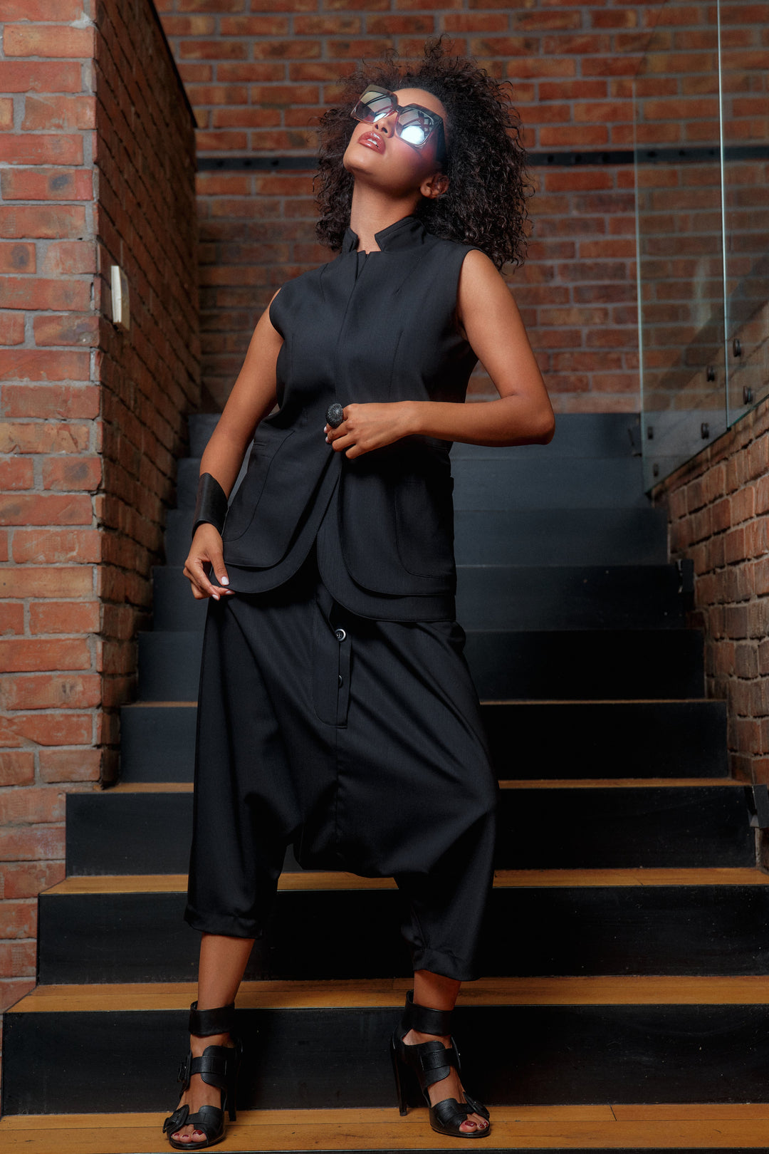 Black merino wool drop crotch pants