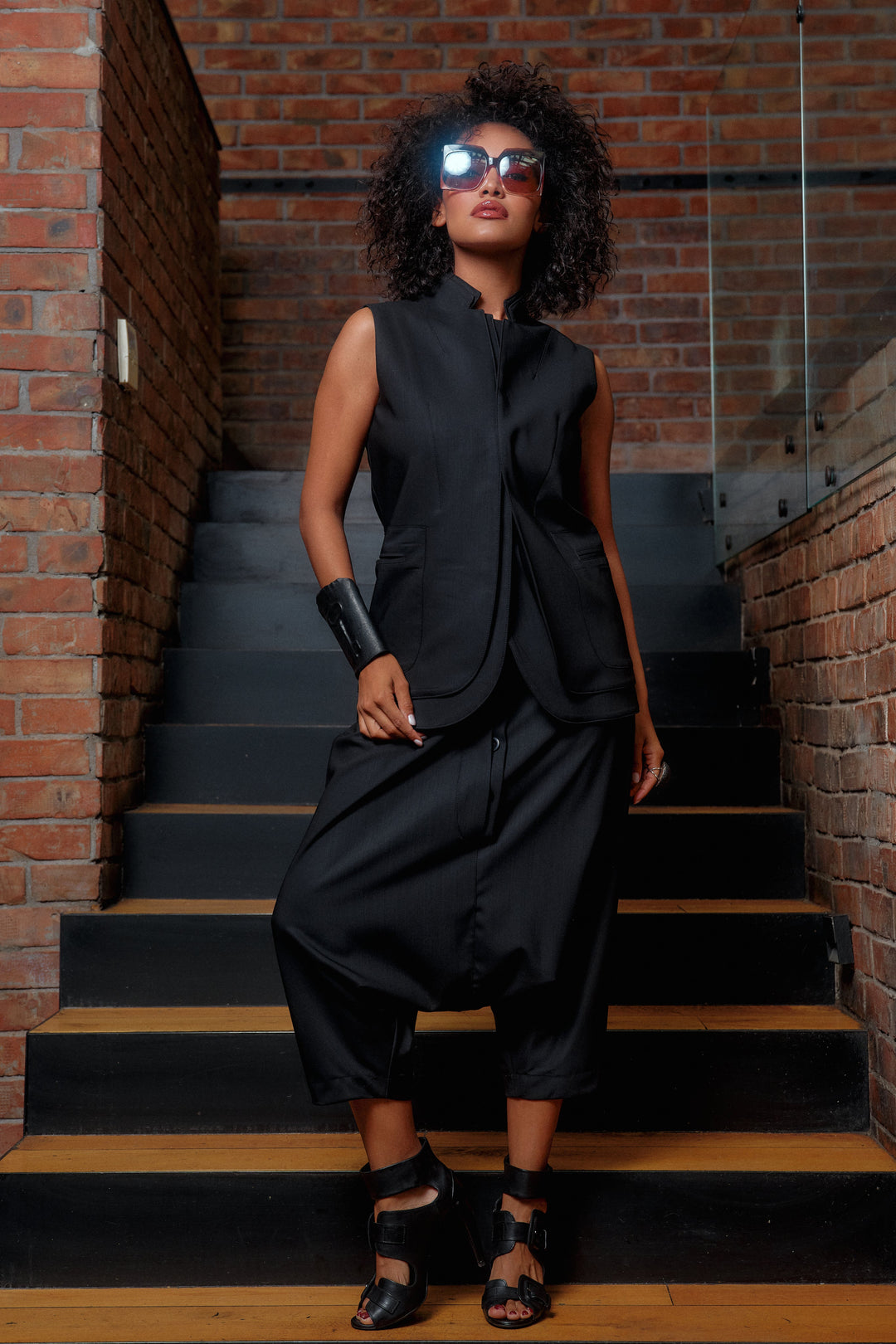 Black merino wool drop crotch pants