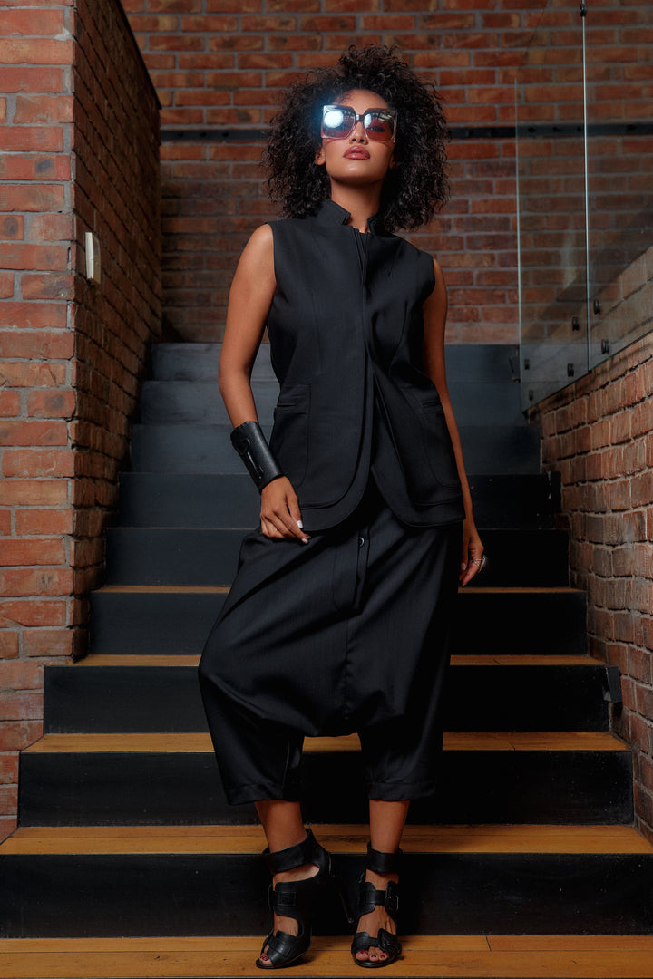 Black merino wool drop crotch pants