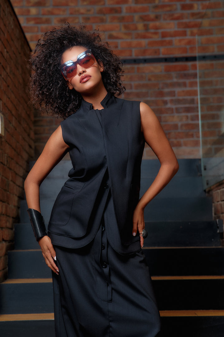 Double lapel merino wool blazer vest