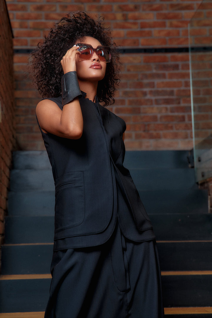 Double lapel merino wool blazer vest