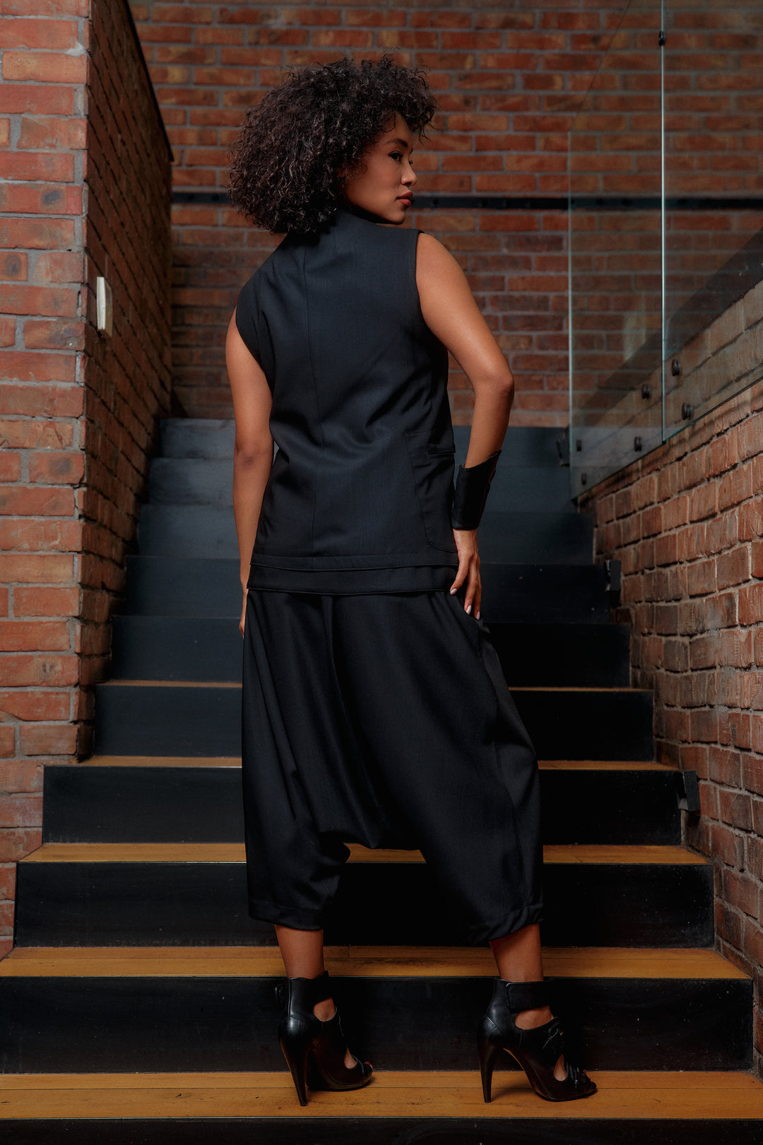 Black merino wool drop crotch pants