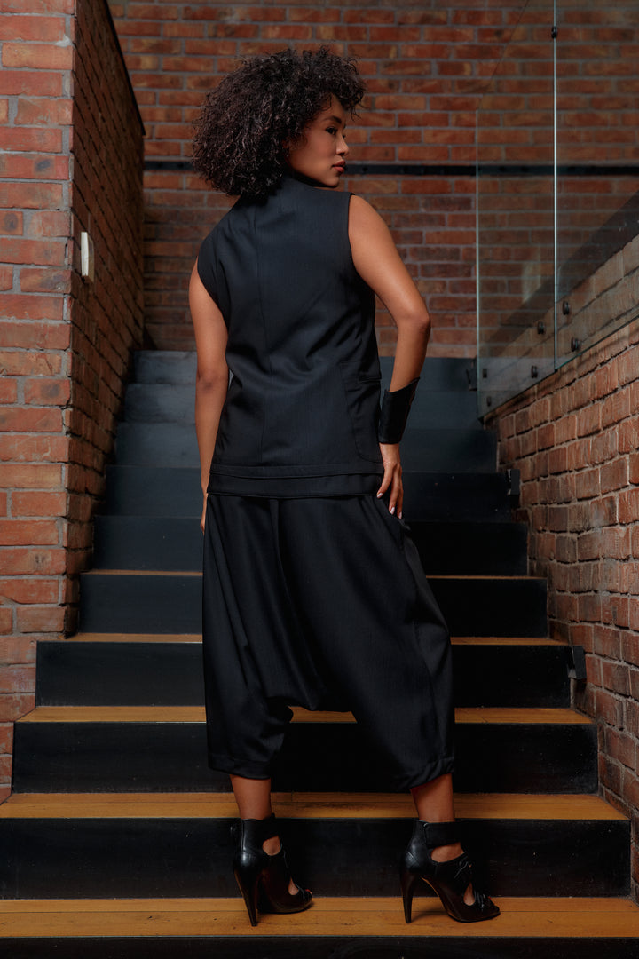 Black merino wool drop crotch pants