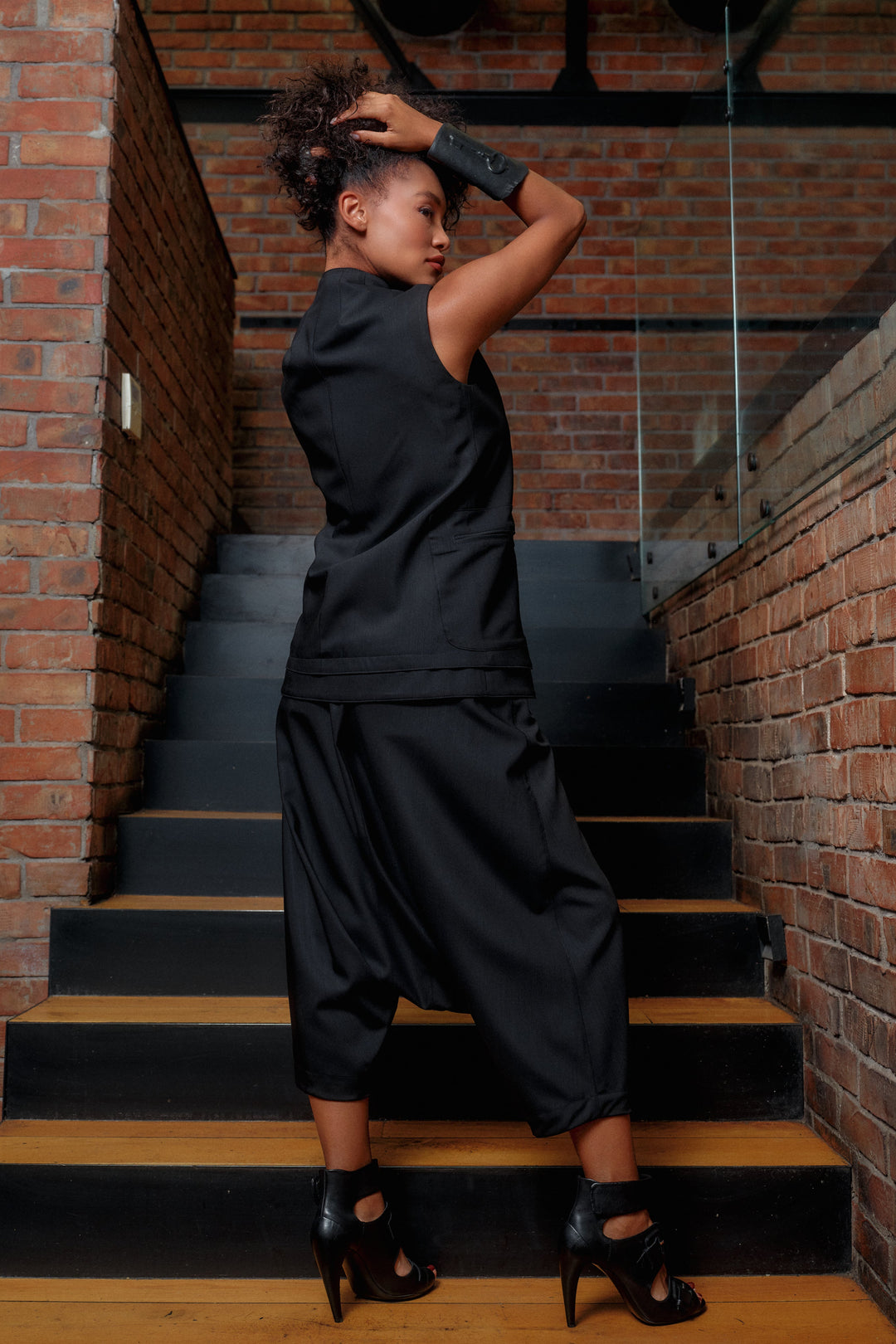 Black merino wool drop crotch pants