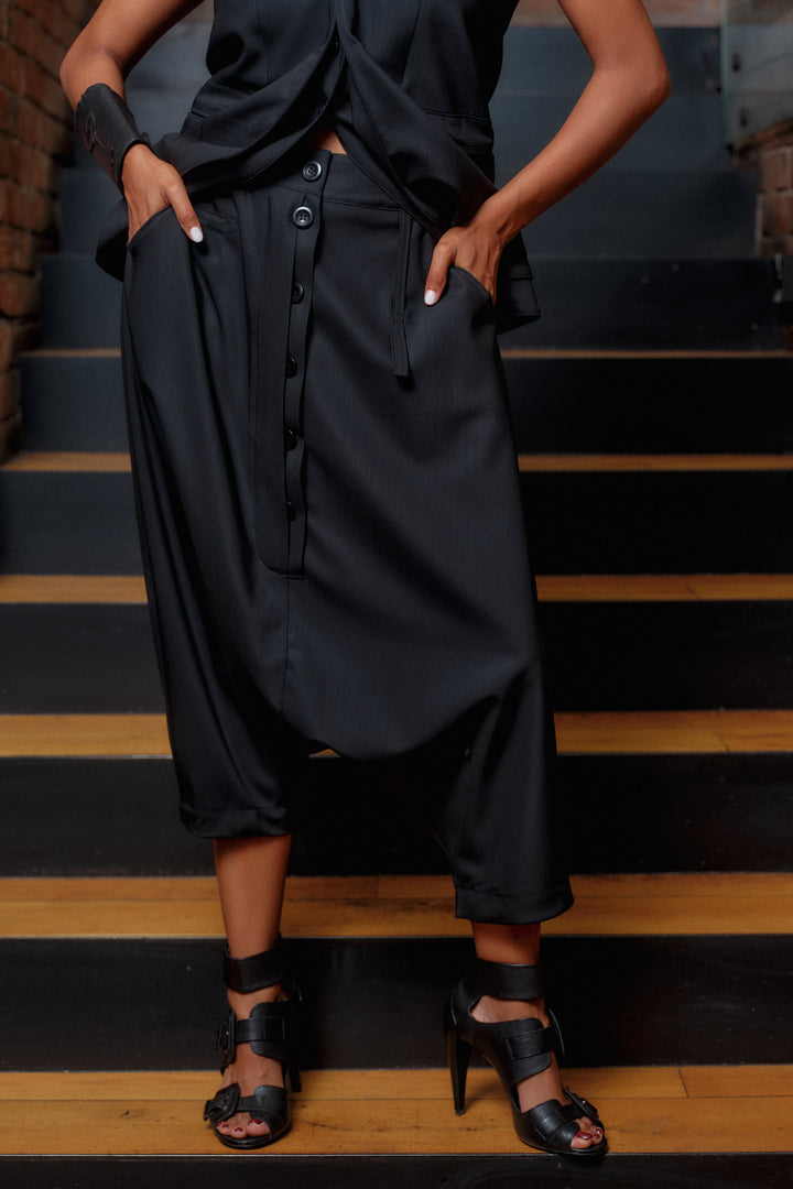 Black merino wool drop crotch pants