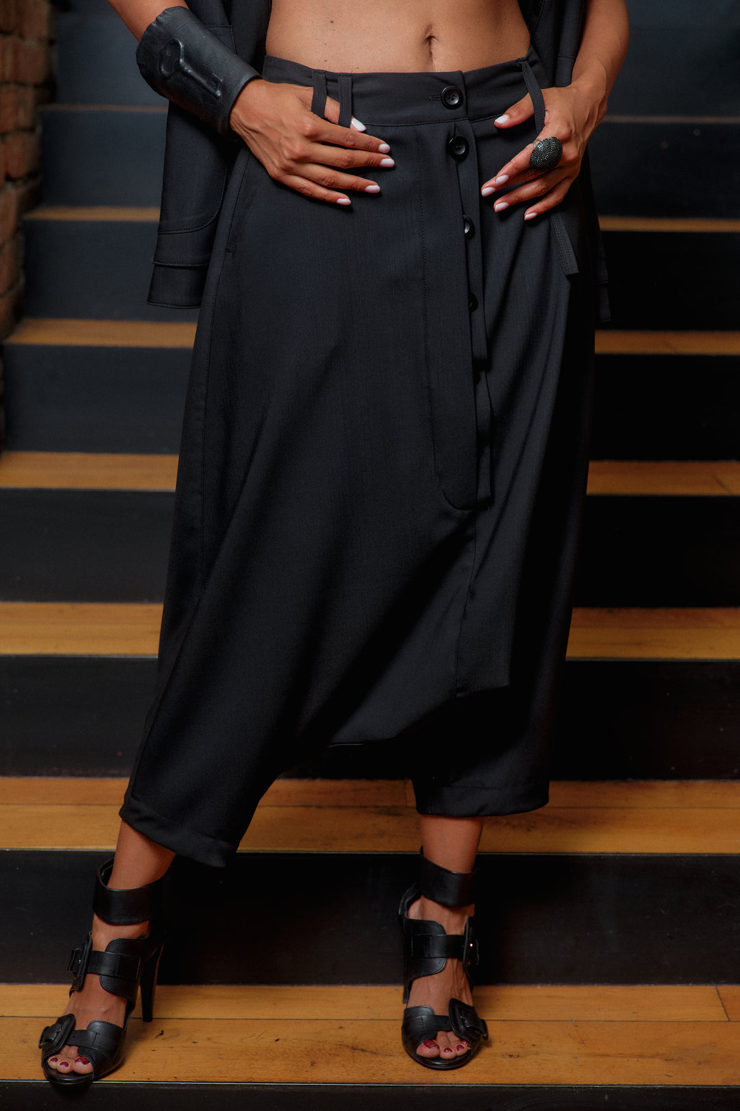 Black merino wool drop crotch pants