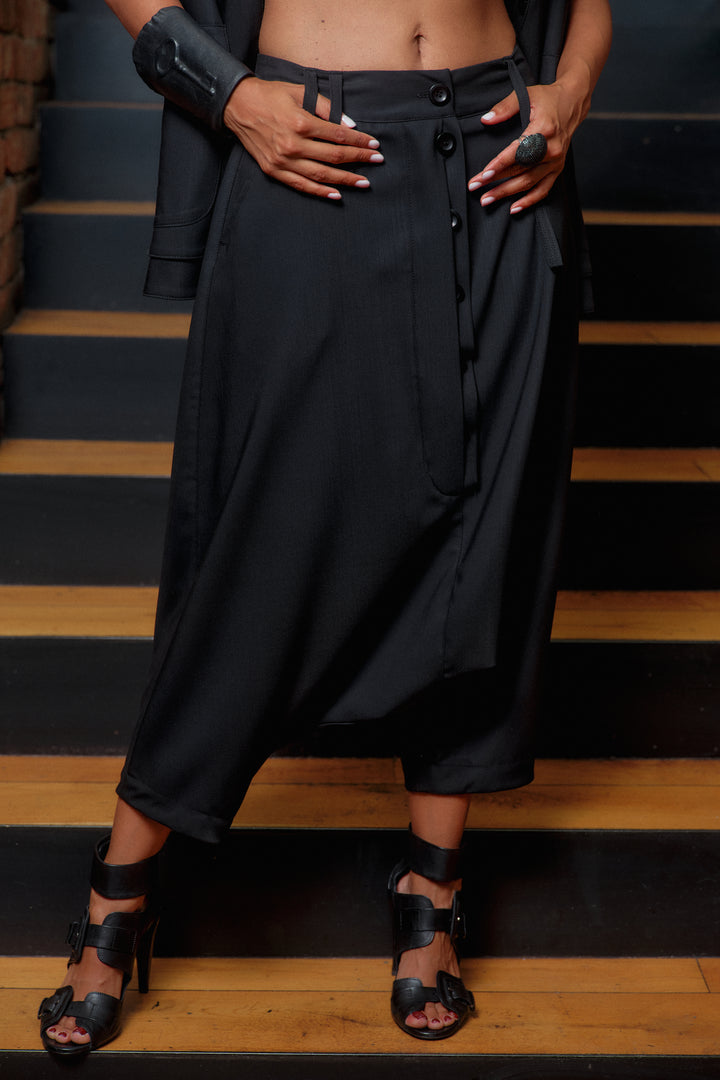 Black merino wool drop crotch pants