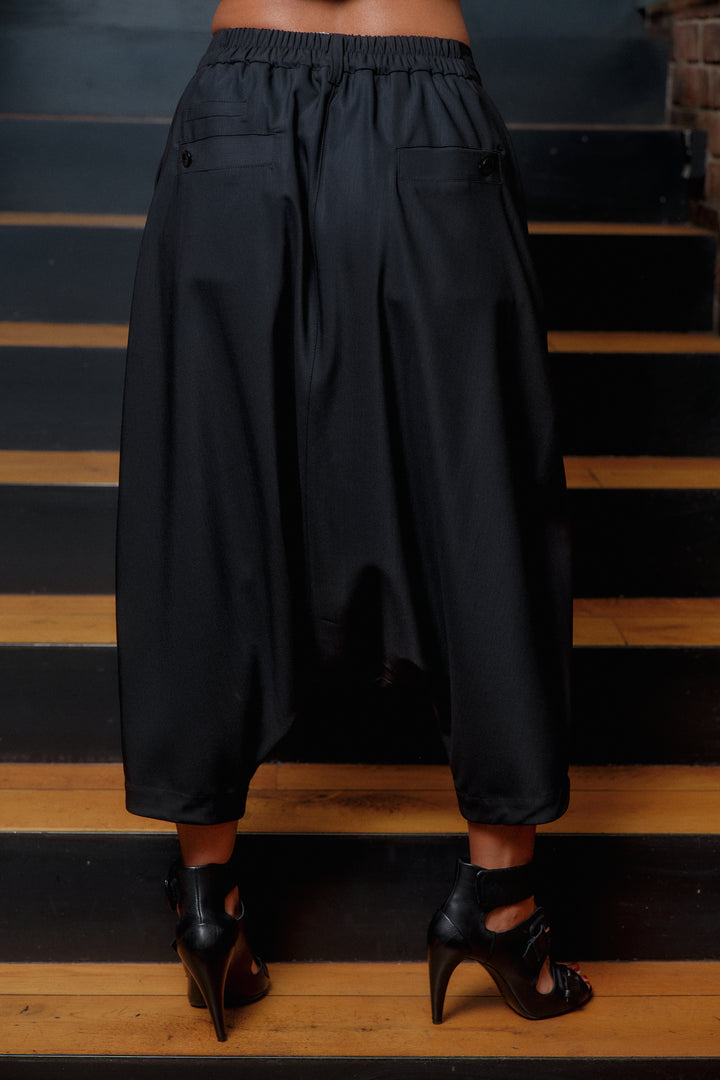 Black merino wool drop crotch pants
