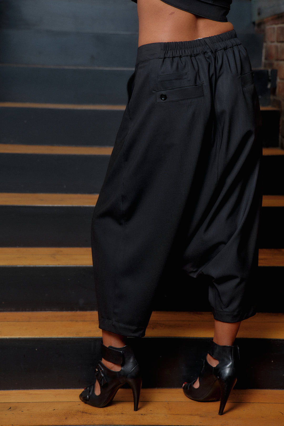 Black merino wool drop crotch pants