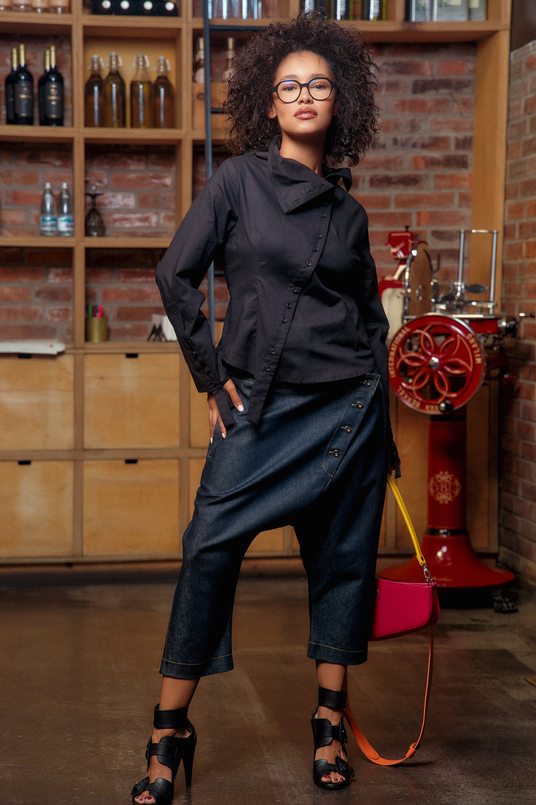 Double belt denim baggy pants