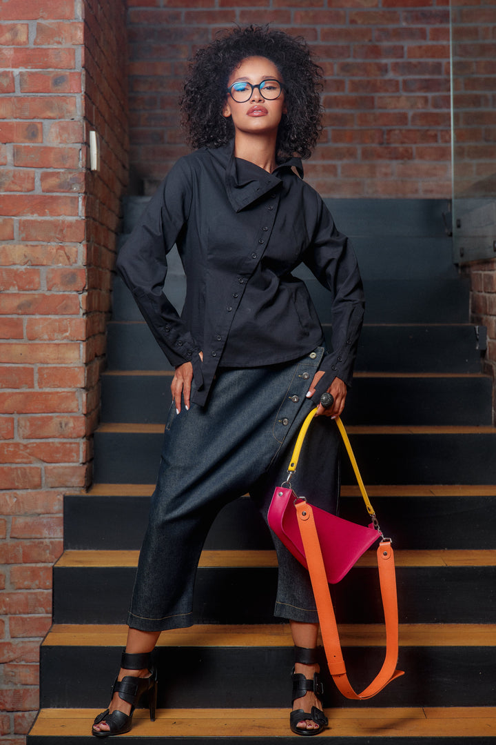 Double belt denim baggy pants