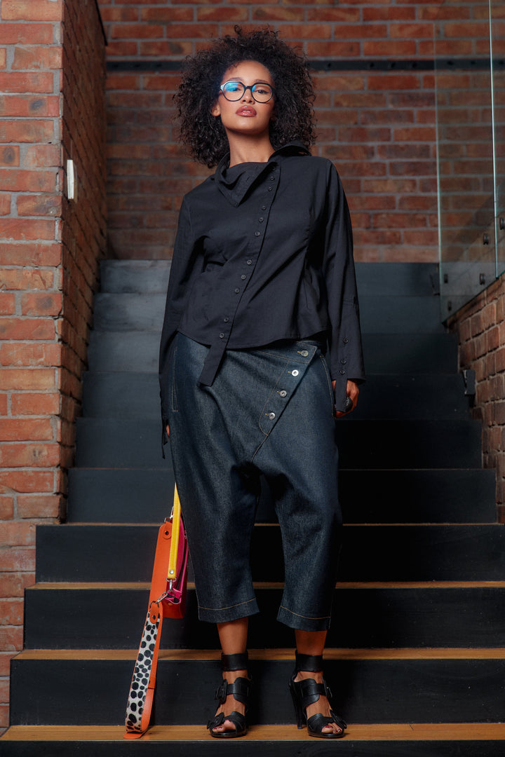 Double belt denim baggy pants