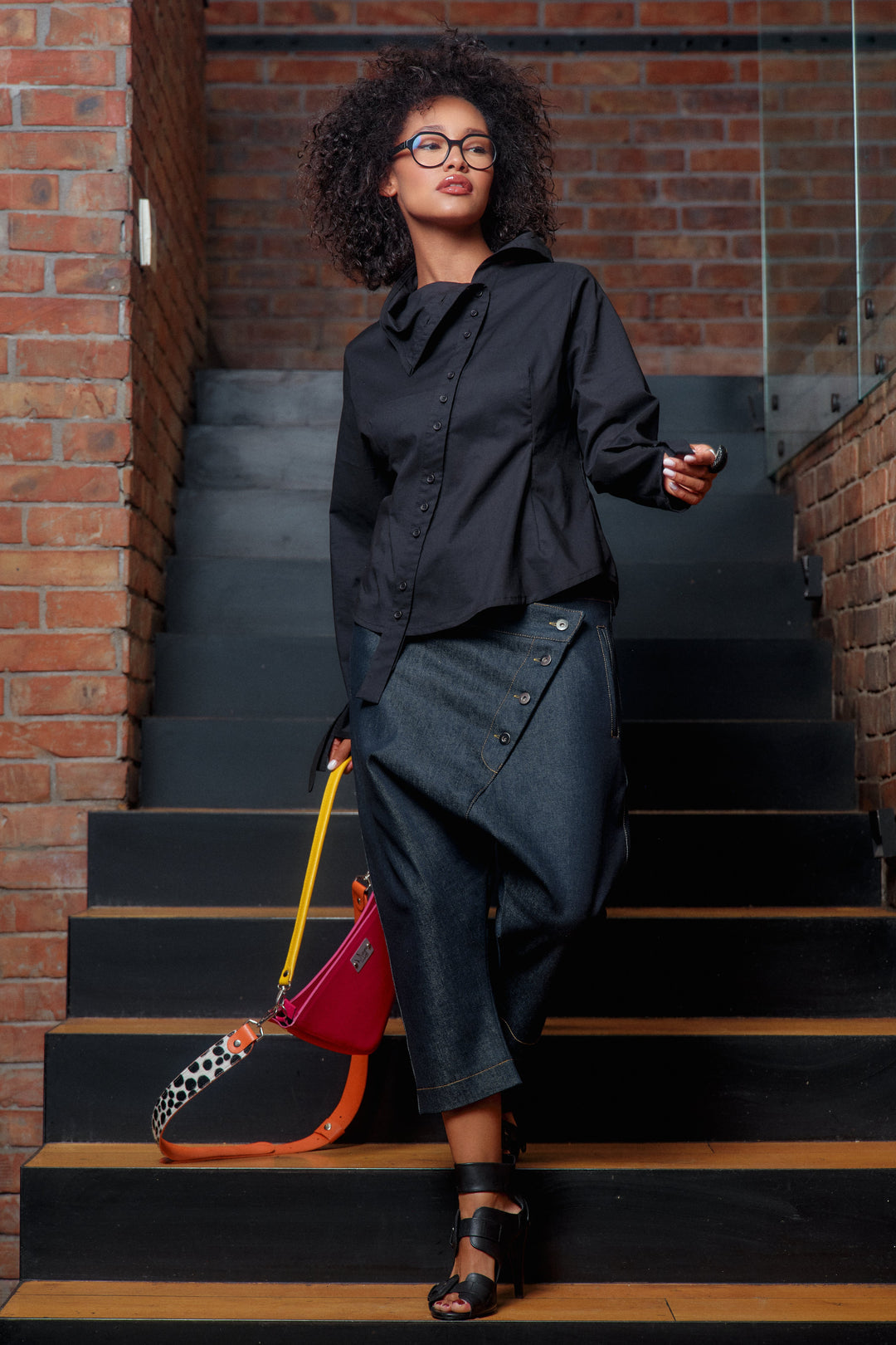 Double belt denim baggy pants