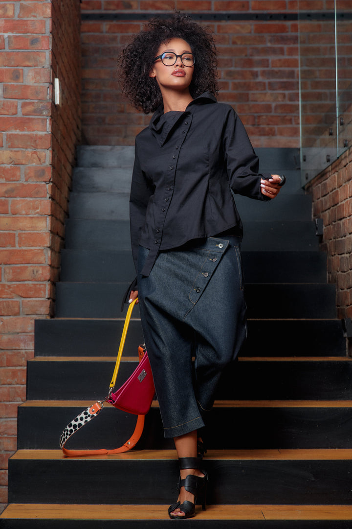 Double belt denim baggy pants