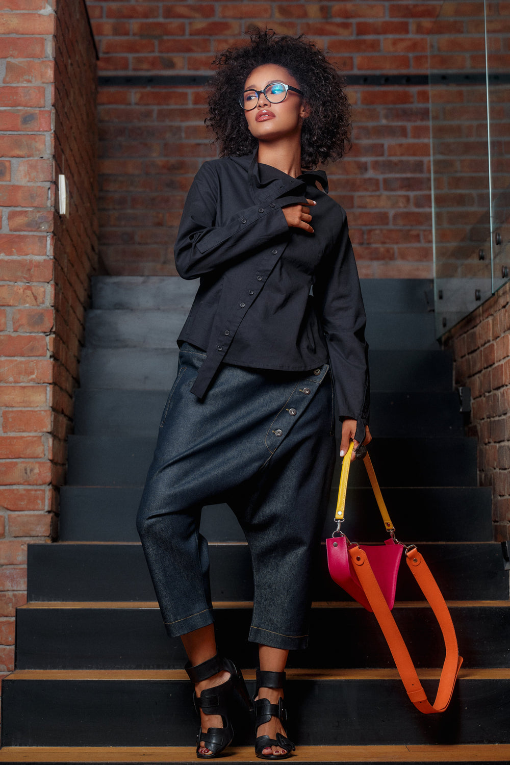 Double belt denim baggy pants