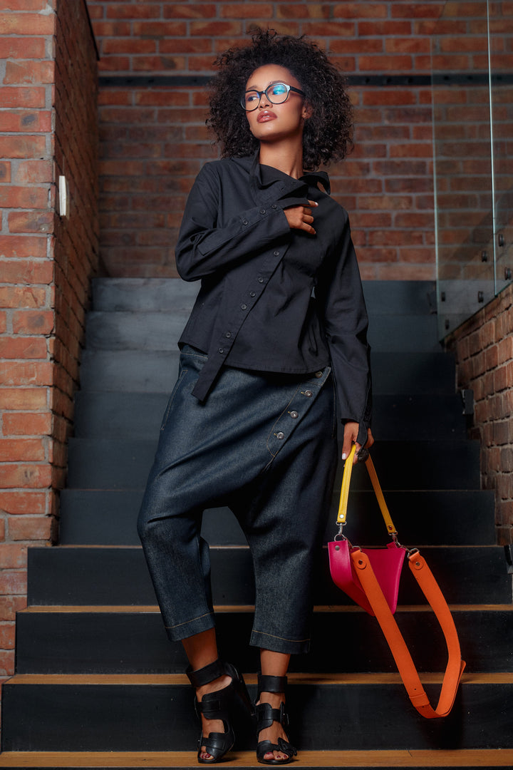 Double belt denim baggy pants