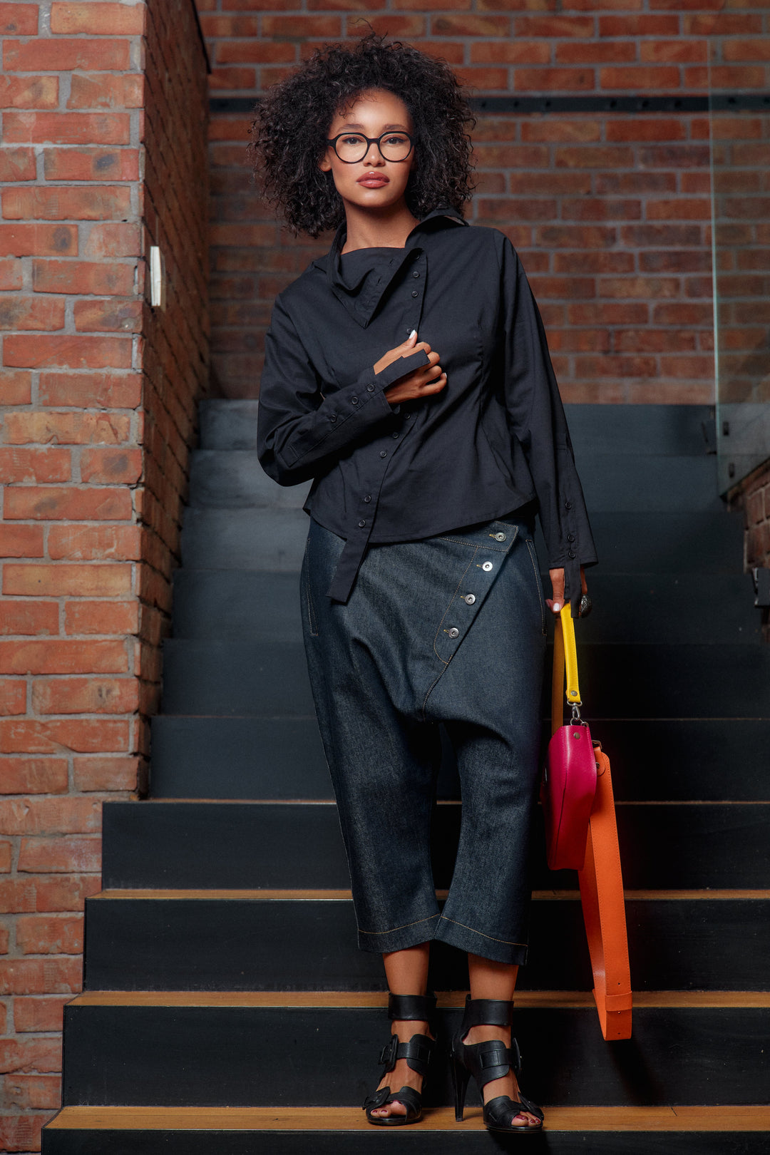 Double belt denim baggy pants