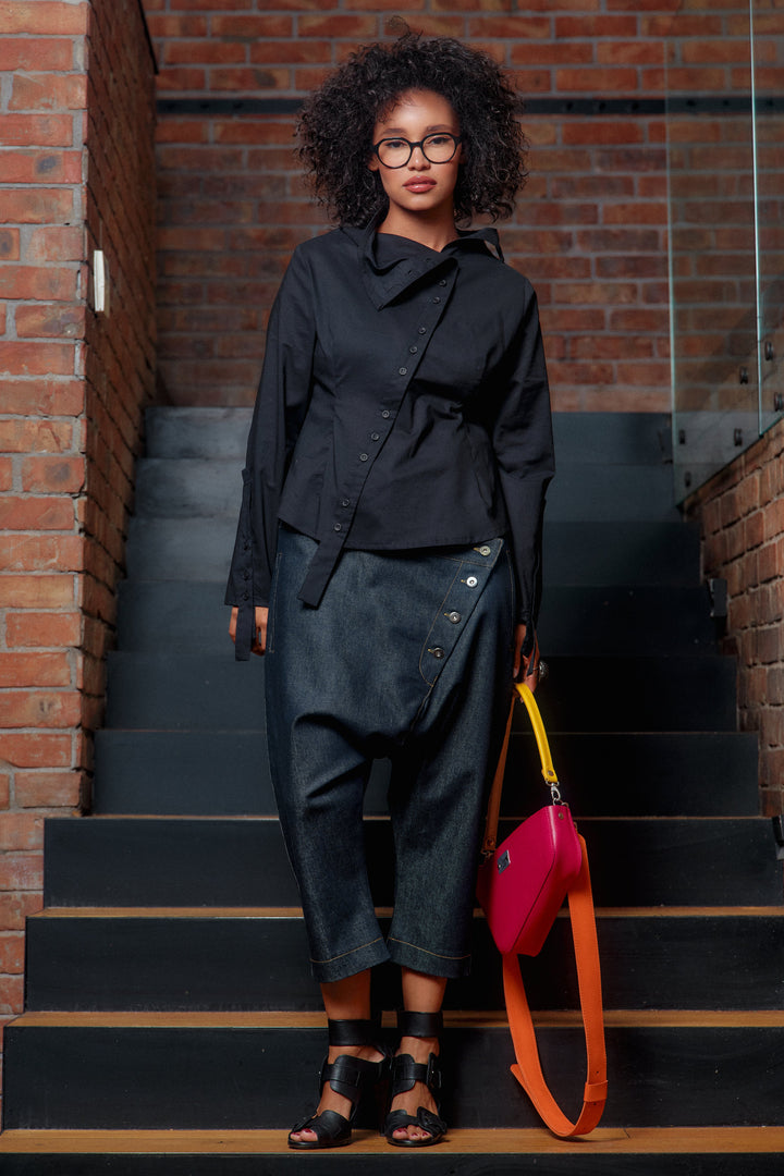 Double belt denim baggy pants