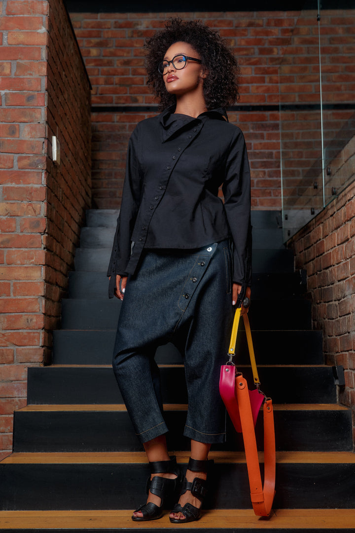 Double belt denim baggy pants