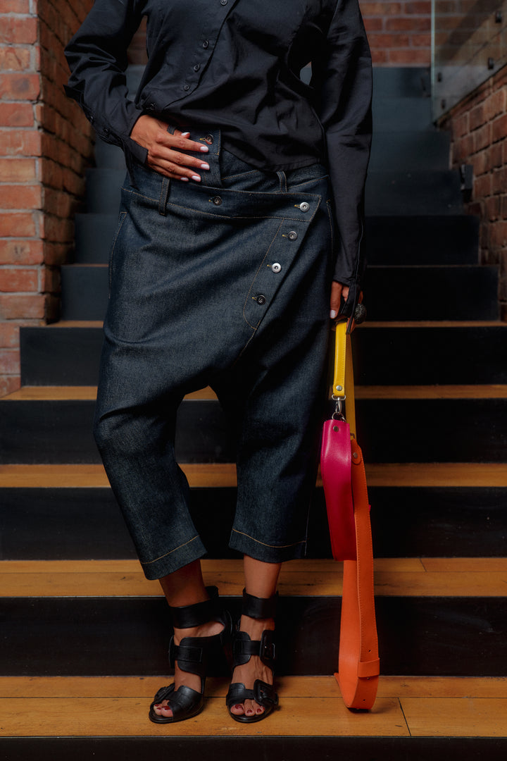 Double belt denim baggy pants