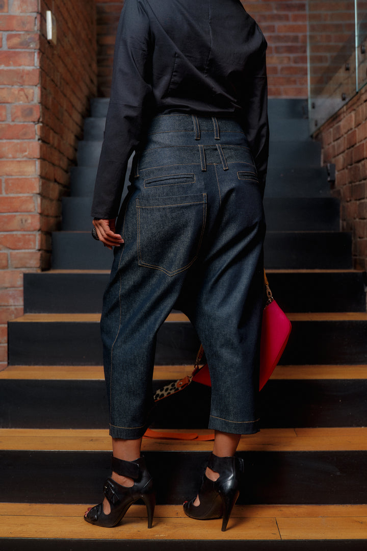 Double belt denim baggy pants