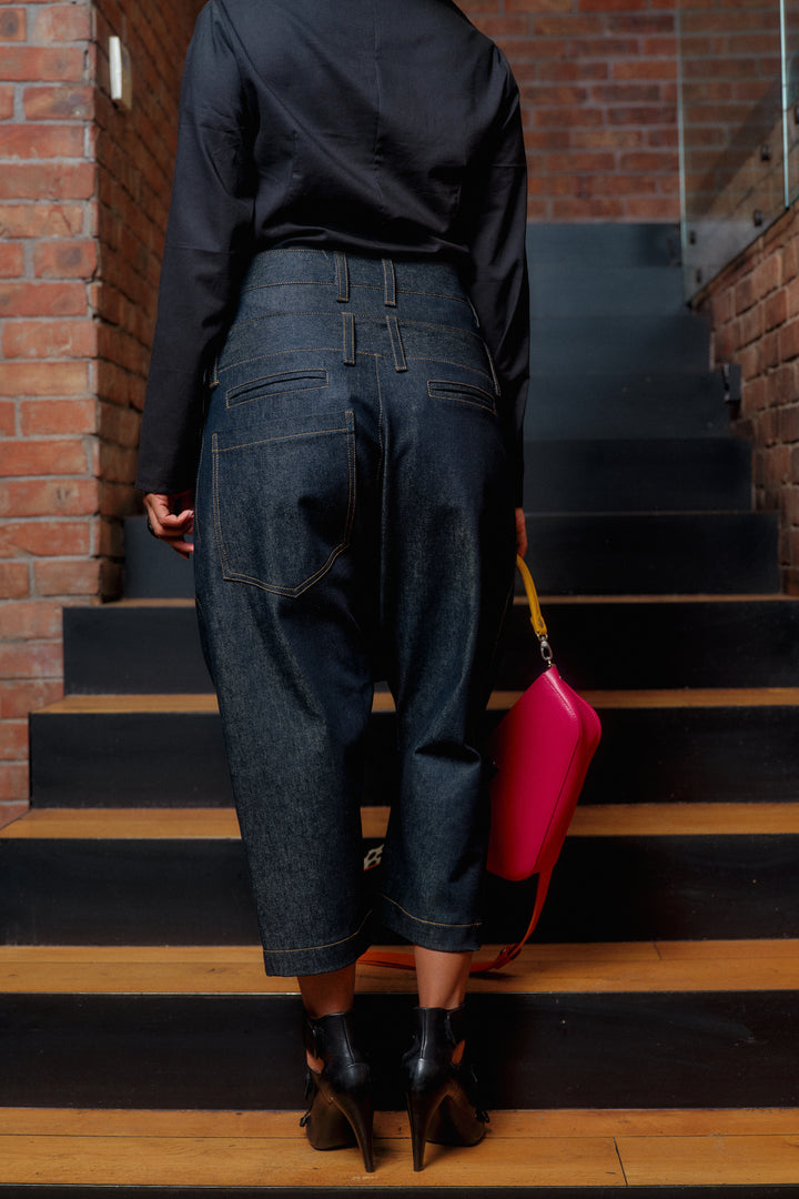 Double belt denim baggy pants