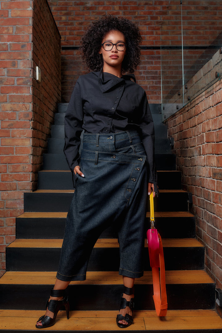 Double belt denim baggy pants