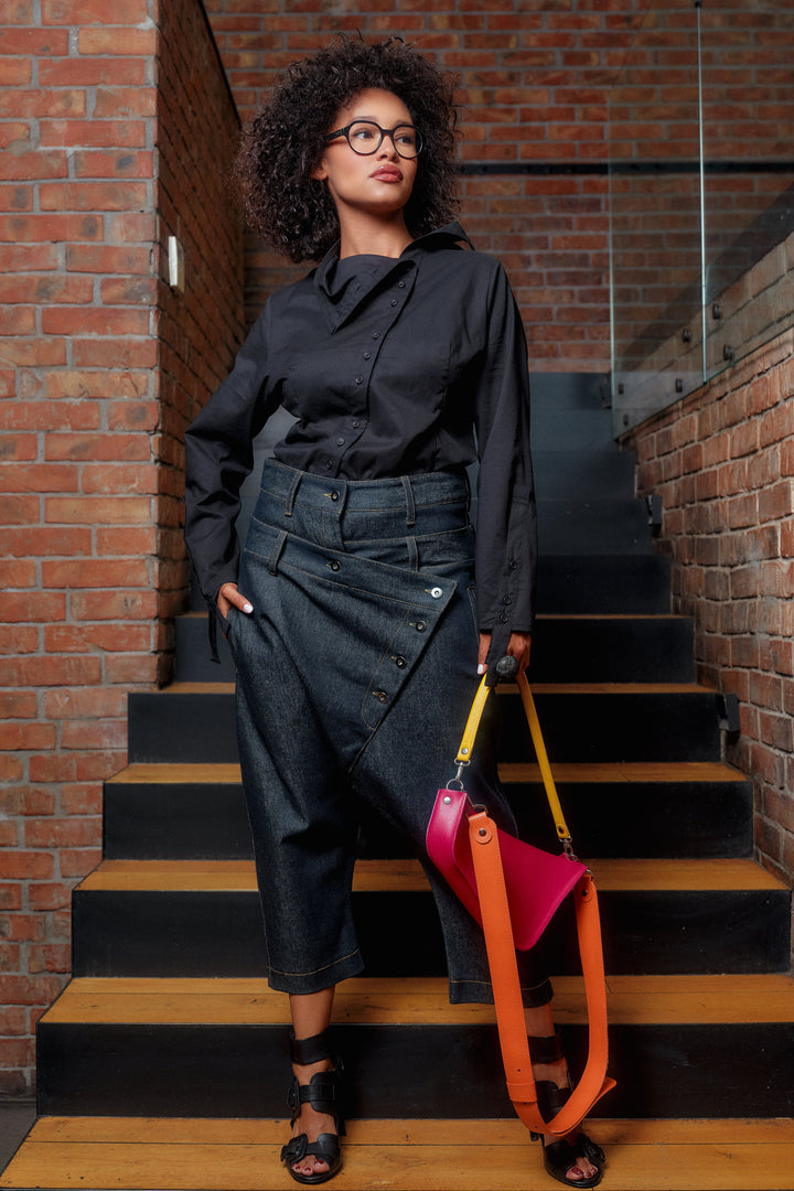 Double belt denim baggy pants