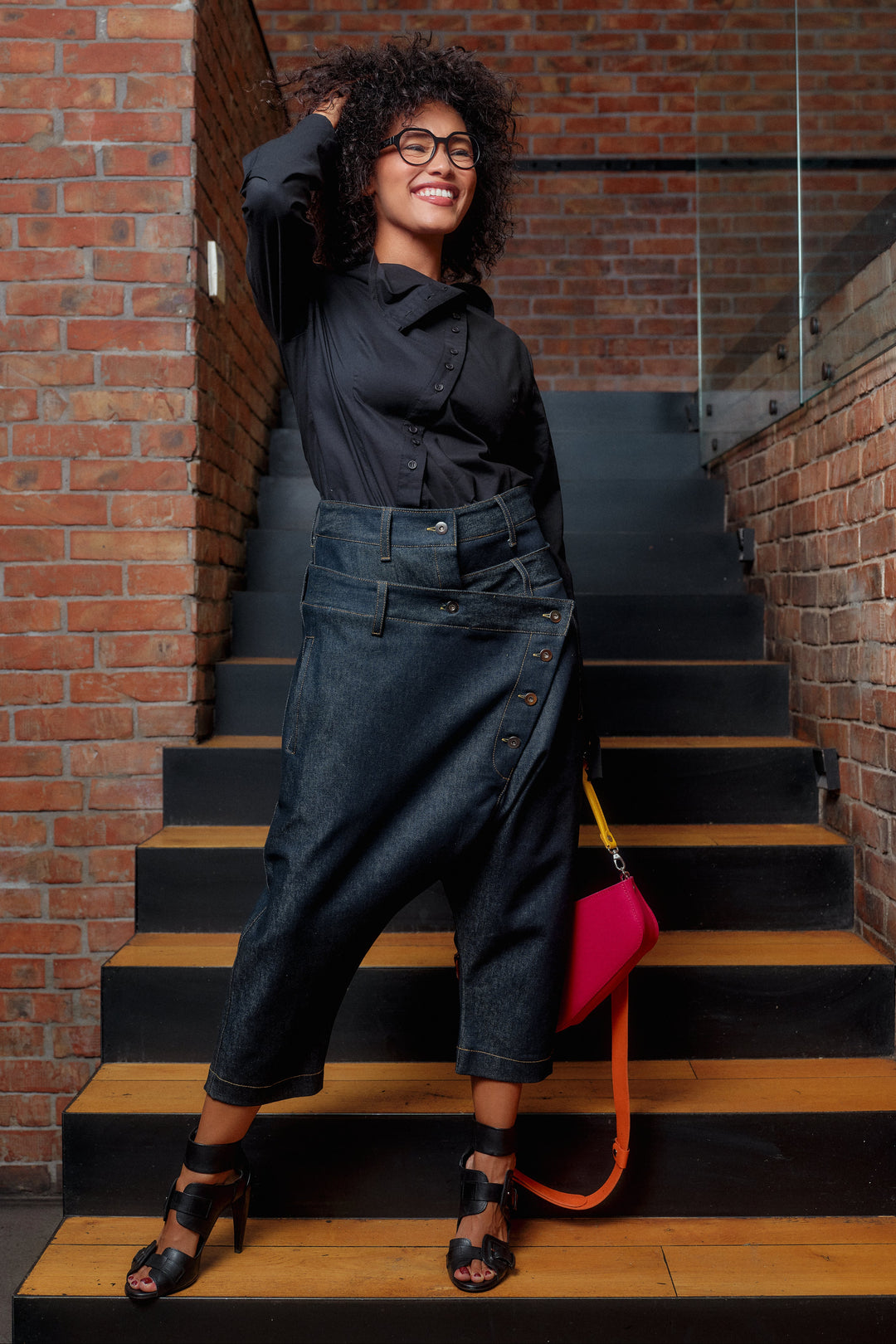 Double belt denim baggy pants