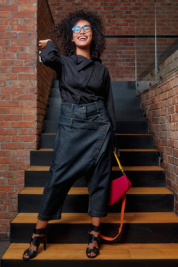 Double belt denim baggy pants