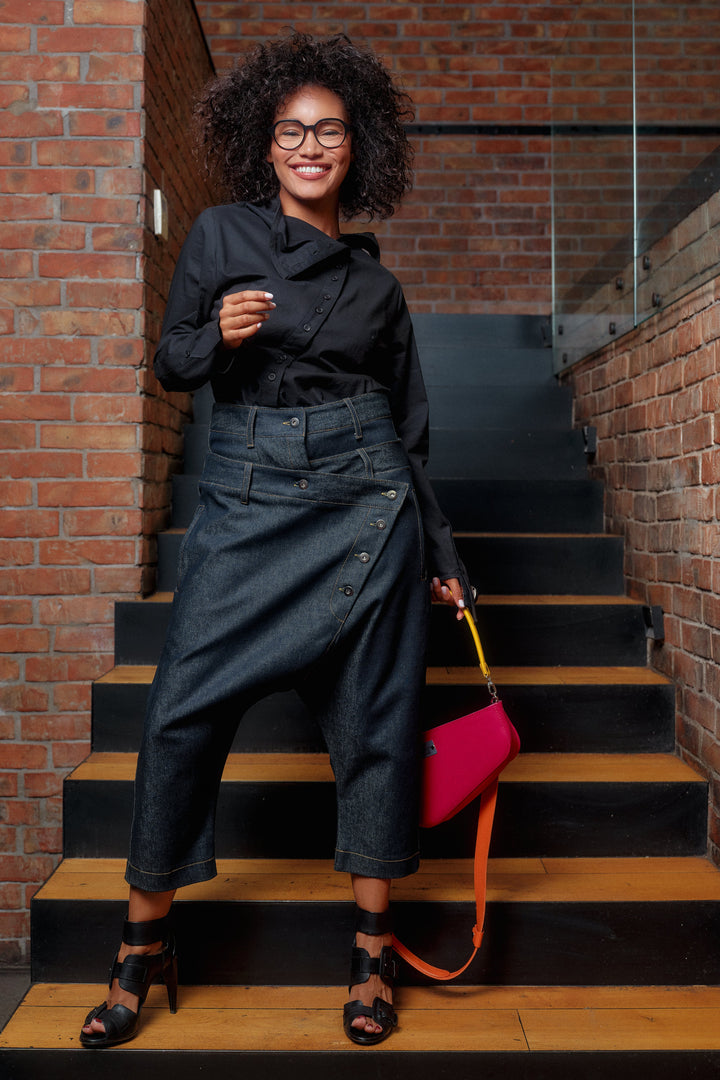 Double belt denim baggy pants