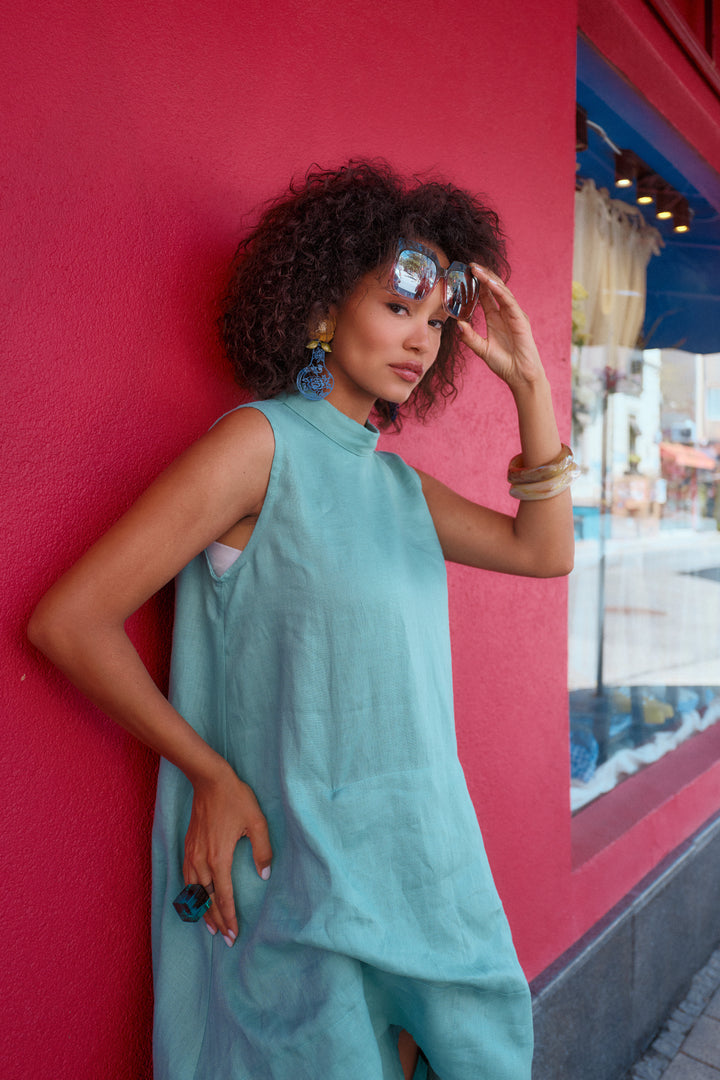 Summer Linen Kaftan Dress with Asymmetrical Cut