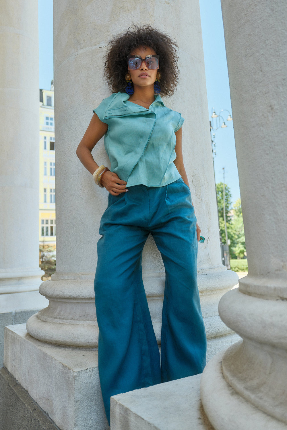 Sculptural Linen top in Green Tea