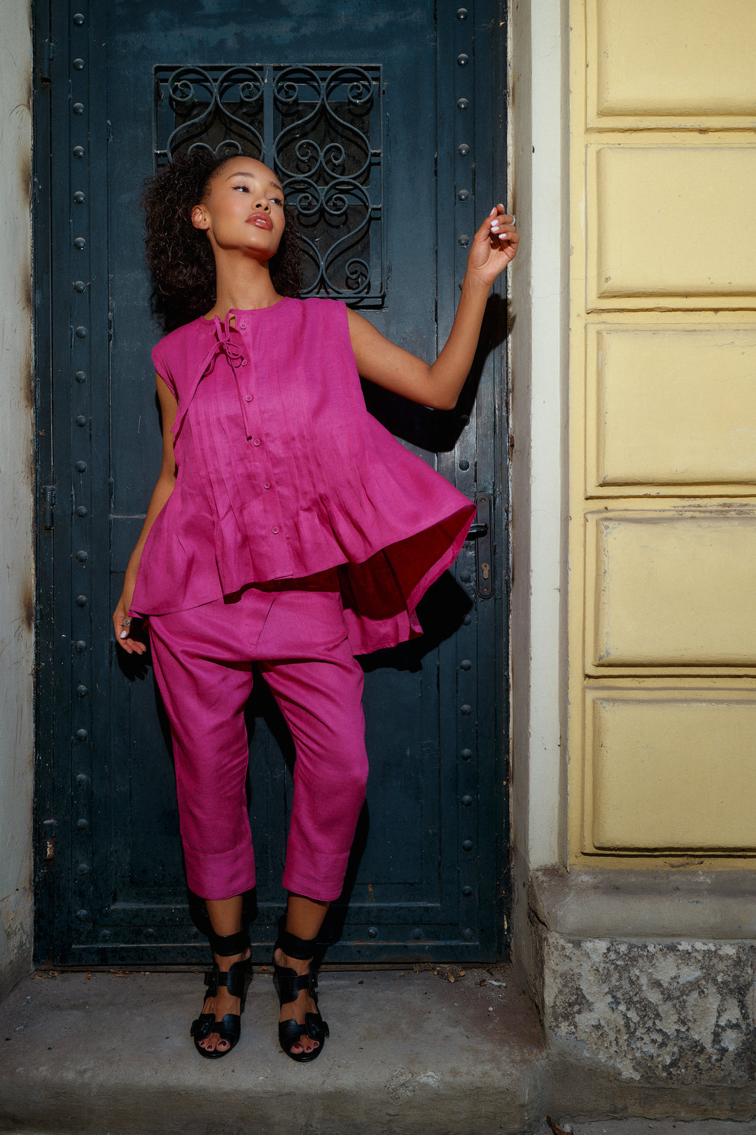 Cyclamen Architectural Linen Sleeveless Shirt