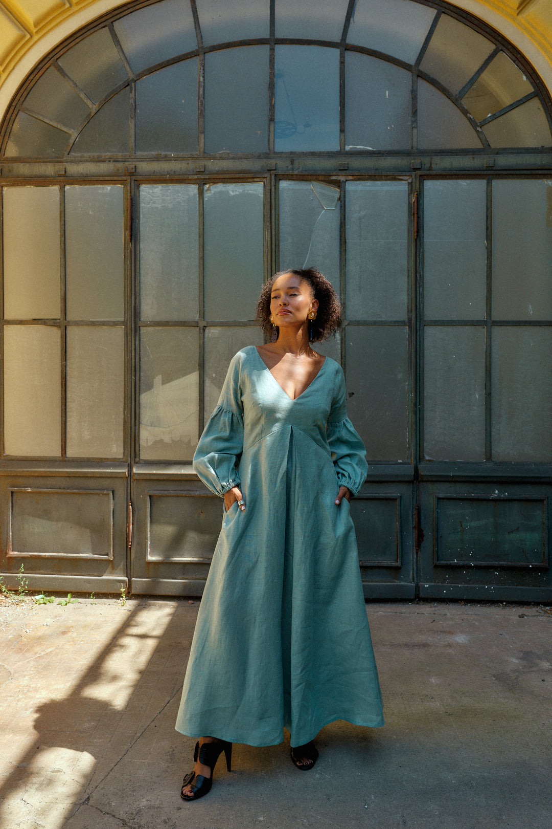 Puff Sleeve Linen Maxi Dress