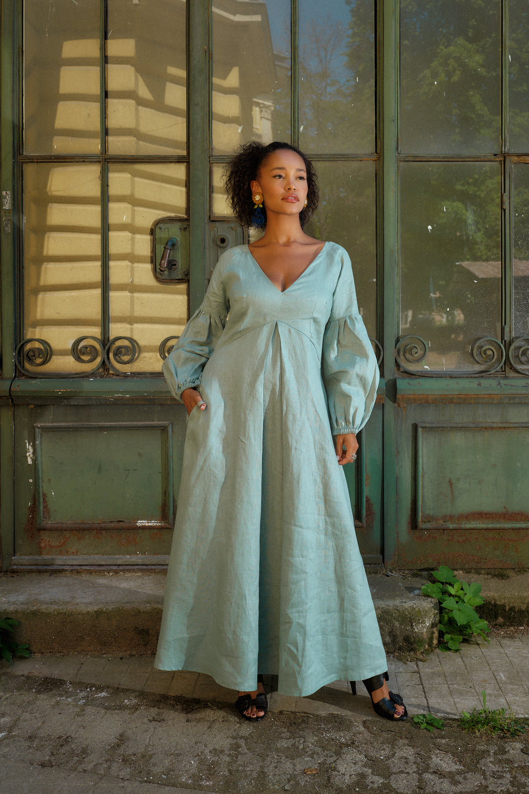 Puff Sleeve Linen Maxi Dress